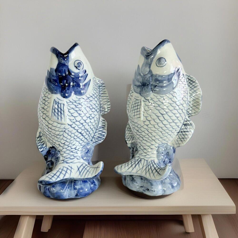 Vintage Porcelain Koi Fish Vase Williams Sonoma 8.75" Tall Set Of 2
